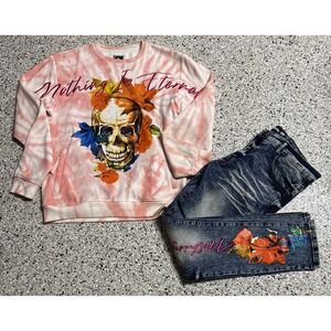 MOTIVE DENIM Blue "Noting Is Eternal" Graphic Jeans 38/32  &  Sweatshirt - Large